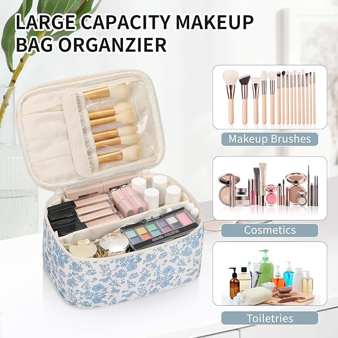 OCHEAL Makeup Bag Portable Cosmetic Bag For Women, Large Capacity Travel Makeup Case Organizer, Toiletry Bag for Girls Traveling With Handle and Divider-Flowers