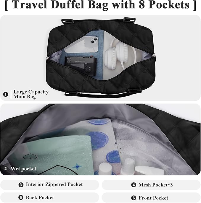 HYC00 Travel Duffel Bag,Carry-on Overnight Weekender Bags for Women,Sports Tote Gym Bag with Wet Pocket