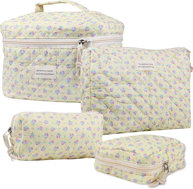 Cute Makeup Bag for Women(2 Pcs), Travel Cosmetic Bags, Quilted Coquette Aesthetic Floral Toiletry Organizer Bag (44 - Purple Rose/4PCS)