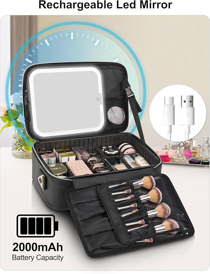 Relavel Makeup Train Case With LED Mirror, Professional Travel Cosmetic Bag with Removable Partitions, Compact Makeup Organizer with Shoulder Strap, Waterproof Travel Case for Women, Black
