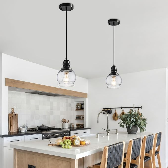 WILON 5.5 Inch Seeded Glass Mini Pendant Lights Kitchen Island | Industrial farmhouse pendant light with adjustable cord and E26 base Ideal for kitchen island, dining room and entryway