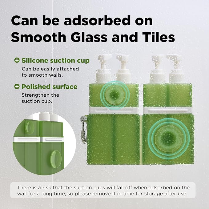 Travel Bottles for Toiletries, TSA Approved Travel Shampoo and conditioner Bottles with Suction Cups, Green