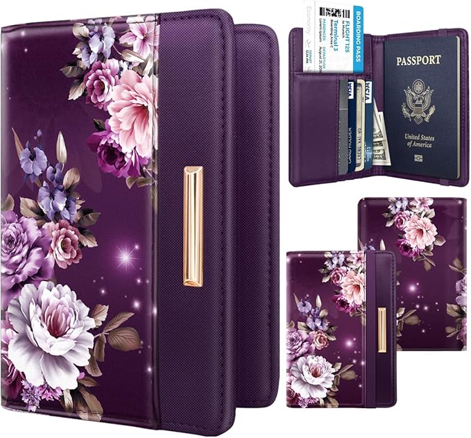 Passport Holder,RFID Blocking Passport Cover Cute Floral Traveling Passport Wallet for Women Purple Flowers.