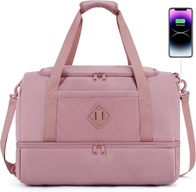 WANDF Travel Duffel Bag with Wet Pocket & Shoe Compartment, 18x14x8 Personal Item Bag with USB Charging Port, Water-Resistant Gym Weekender Overnight Carry-on for Women Men (Pink)