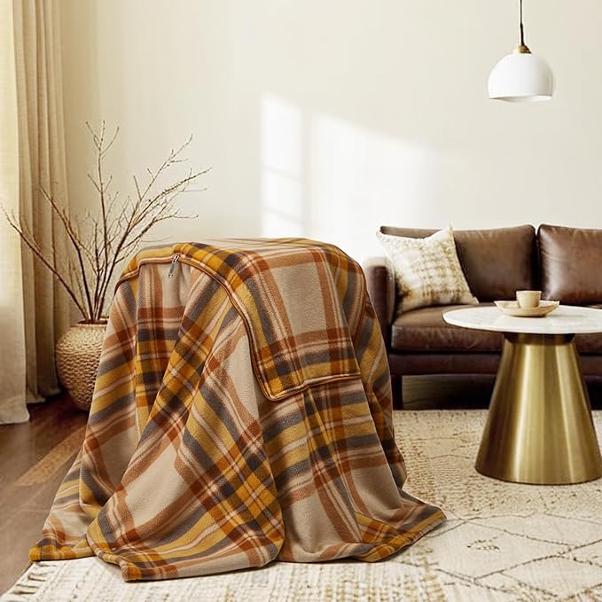 forestfish Wearable Blanket Compact Pillow 2-in-1, Lap Blanket Poncho with Button Plaid Throw Cushion for Home/Office/Sofa
