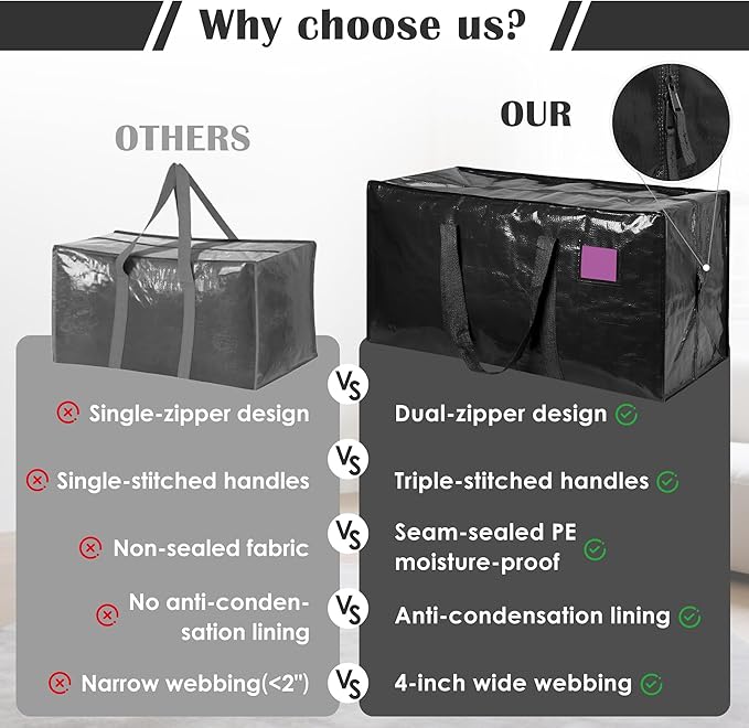 6 Pack Extra Large Heavy Duty Moving Bags with Reinforced Zipper & Wide Handles, Moisture-Resistant Storage Bins Packing Cubes for Clothes, College Dorm, Travel, and Home Organization, Black