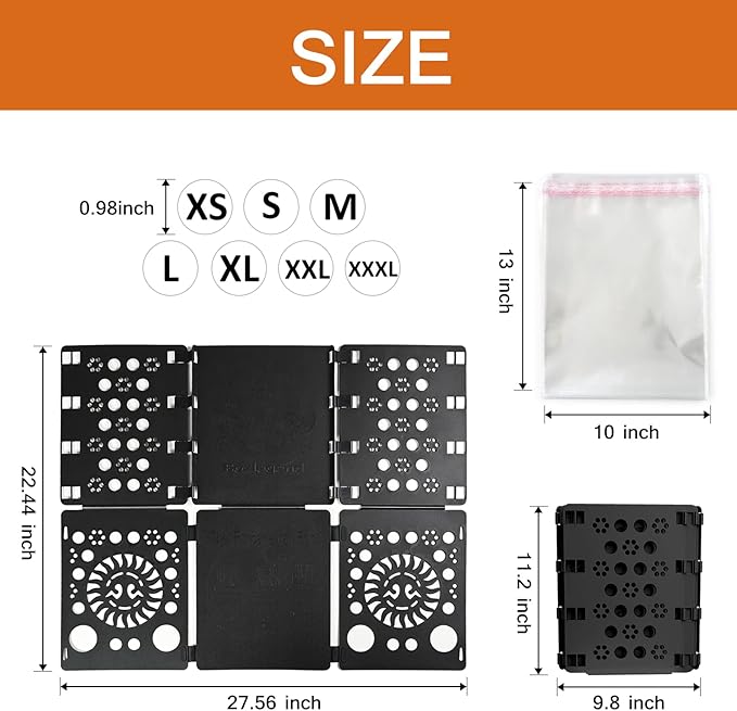 BoxLegend Shirt Folding Board V3 with 11x14 inches Shirt Bags Pack of 100 and Stickers 7 Sizes 3500 PCS Size Stickers for Clothing Folding Board Tshirt Bags for Small Business