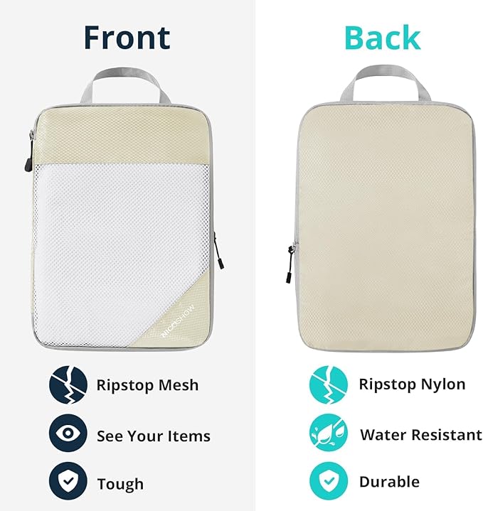 Compression Packing Cubes 10 Set, Compressible Space-Saving Packing Cubes for Travel - Compression Bags, Luggage Organizer, Travel Essentials for Women, Beige