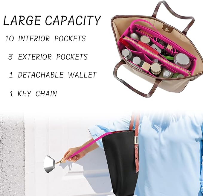 DailyPlus Purse Organizer Insert with Zipper Felt Bag Organizer Handbag Organizer Insert Bag in Bag Organizer with Key Chain for Tote Purse Bag Rose Small