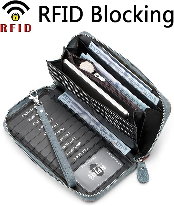 Moflycom Womens Wallet RFID Blocking Genuine Leather Multi Credit Card Large Capacity Zip Around Clutch Travel Purse Wristlet