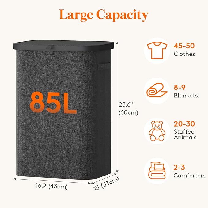 Lifewit 85L Large Laundry Basket with Lid, Laundry Hamper with Plastic Handles and Removable Bag, Foldable Tall Dirty Clothes Hampers for Laundry for Laundry Room, Bedroom, Bathroom, Dorm, Dark Gray