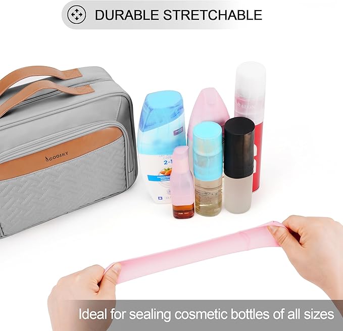 Travel Hanging Toiletry Bag for Women and Men, with 8 Leak Proofing Silicone Bottle Covers, Waterproof Makeup Accessories, Cosmetic Essentials, Cruise Ship Toiletries Bag with Jewelry Organizer, Grey