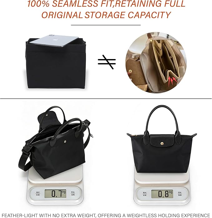 Premium Felt Purse Organizer Insert for Longchamp Le Pliage, Zipper Long Champ Bag Organizer Insert with Cup Holder, 9 Compartments