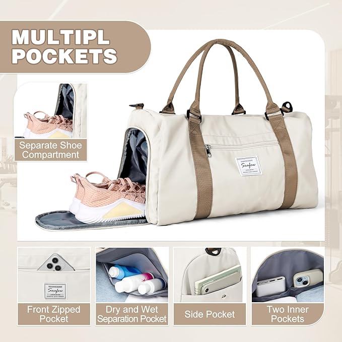 Gym Bag for Women Men with Shoes Compartment and Wet Pocket,Sport Swimming Yoga Bag,Waterproof Travel Duffel Bag Small Carry on Bag Overnight Weekender Bags Personal Item Bag for Airlines, Beige Brown