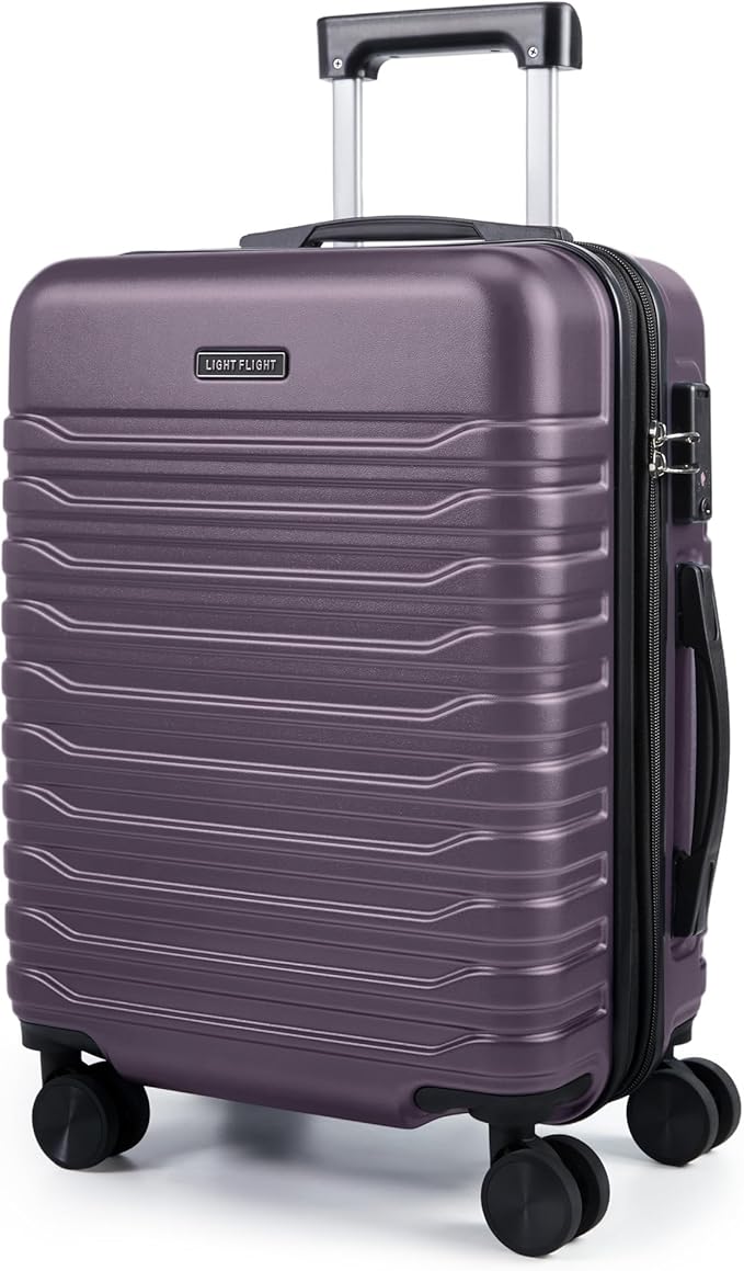 LIGHT FLIGHT Expandable Carry On Luggage 22x14x9 Airline Approved with Double Spinner Wheels, 20 Inch Lightweight Hard Shell Rolling Suitcases with TSA Lock, Purple
