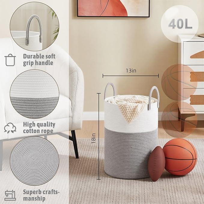 Laundry Basket,Woven Cotton Rope Laundry Hamper,40L for Decorative Storage of Dirty Clothes,Toys and Blankets in Bathroom,Baby Room and Living Room