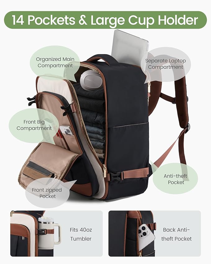 LOVEVOOK 40L Travel Backpack for Women & Men, Airline Approved Carry On Backpack, TSA Personal Item Bag fits 17.3 Inch Laptop, Waterproof Weekender Overnight Bags Suitcase for Work, Black-Brown-Beige