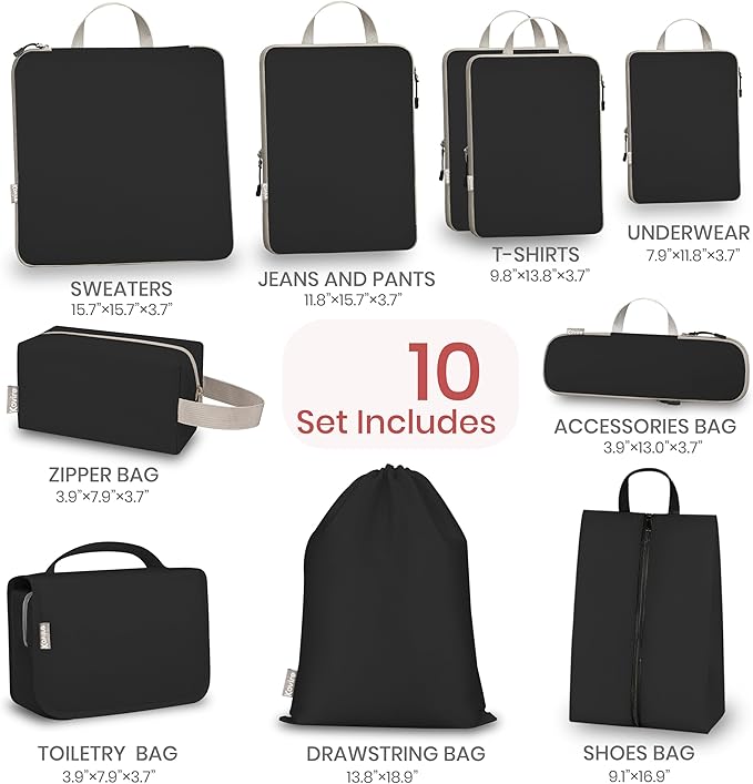 Compression Packing Cubes for Travel, Set of 10 Expandable Luggage Organizers with Shoe Bag, Lightweight Water-Resistant Suitcase Essentials for Carry-on & Checked Luggage, Black
