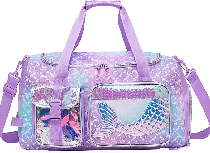 Mermaid Purple Kids Gym Bag for Girls - Duffle Bag for Travel, Dance, Weekender, Overnight - 20"x11"x8.2" with Shoe Compartment