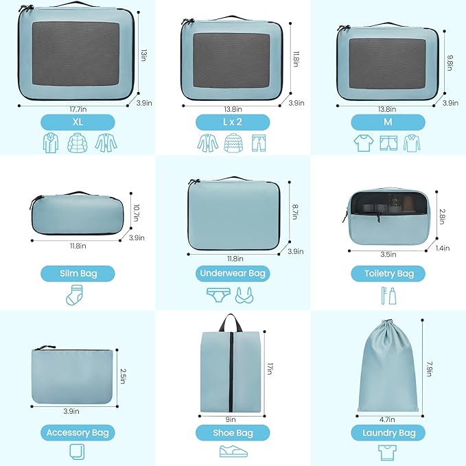 Mesh Packing Cubes for Travel, Durable Luggage Organizer with Sturdy Material and Double Zippers, Comprehensive Set for Travel Accessories Storage, 10 set, teal