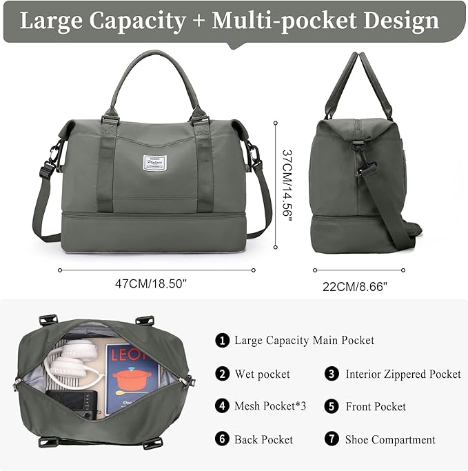 Weekender Bags for Women,Personal Item Travel Bag with Shoes Compartment,Overnight Travel Duffel Bag with Quilted Toiletry Bag,Olive Green