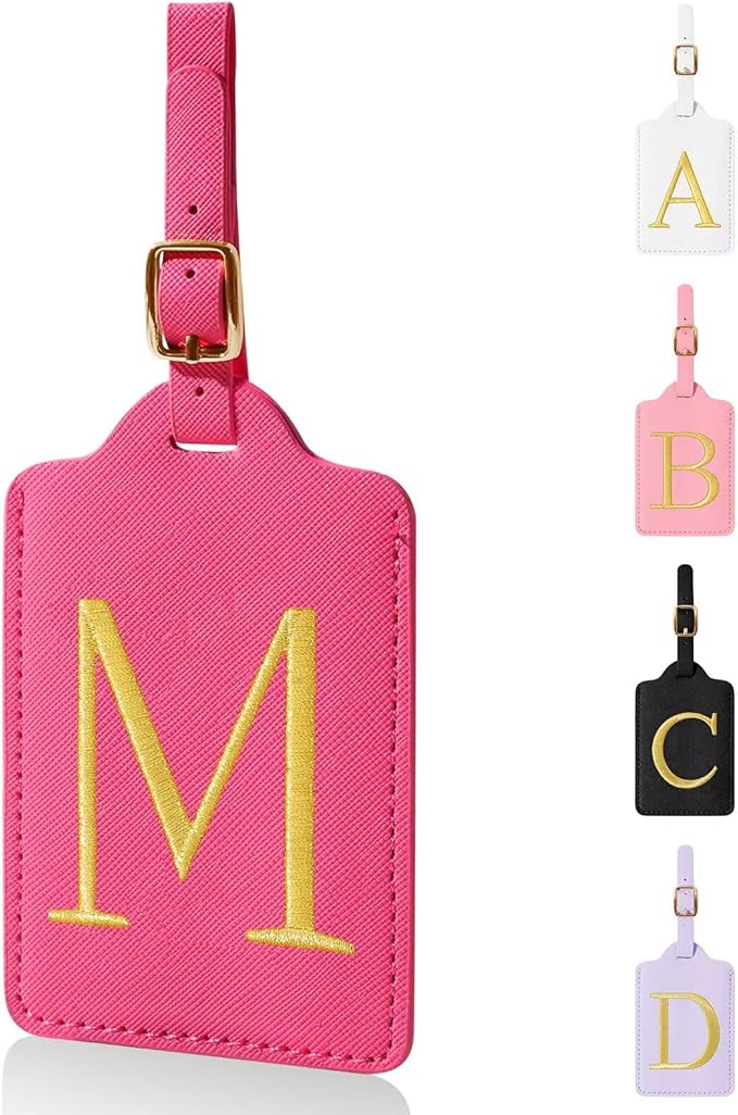 Personalized Initial Luggage Tags for Suitcases,Leather Letter Cute Luggage Tags with Privacy Name Card,Embroidered Monogrammed Travel Bag Backpack Tag Gifts for Women Kids Girls Teens(Rosered-M)