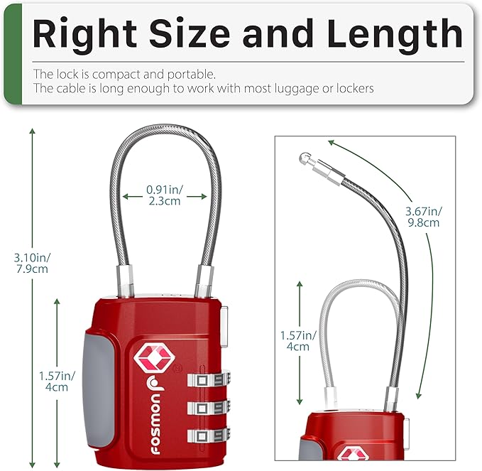 Fosmon TSA Approved Cable Locks for Luggage, Suitcase Locks with Push Release Button, 3 Digit Long Shackle Combo Wire Locks for Backpack, Gym Locker