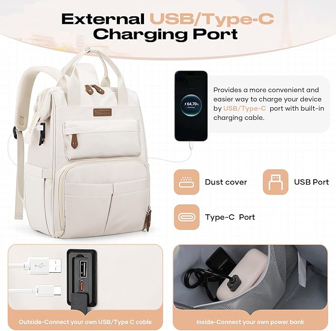 Maelstrom Travel Backpack for Women Men,Laptop Backpack Fits 15.6-17.3 Inch Laptop, Nurse/Work Bag with Insulated Lunch Box (Beige)