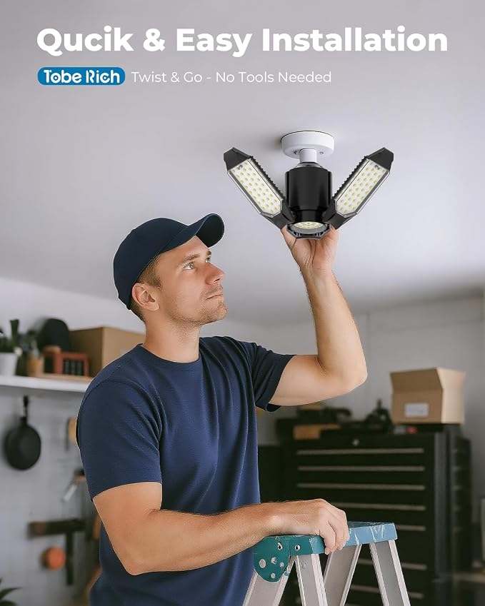 toberich LED Garage Light Bulb, 8000LM Shop Lights 6500K | 3 Deformable Panels, Screw in Ceiling Lights for Garage, Workshop, Workbench, Basement