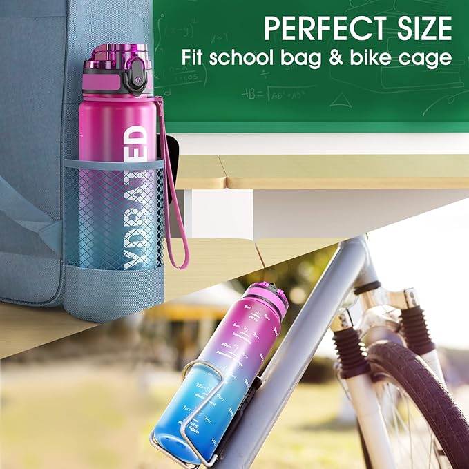 Sahara Sailor Water Bottle, 32/25/17oz Durable and Leakproof Water Bottles Motivational with Time Marker, Tritan, BPA Free, Wide Mouth with Easy Clean Brush for Gym, Travel, School, Office (1 Bottle)