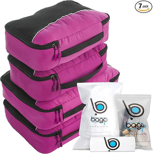 bago 7 Pcs Packing Cubes for Suitcases - 4 Travel Cubes with 3 ZipLock Bags - Luggage Organizer Bags to Get Maximum Storage, Save Time & Effort to Pack - Happy Traveling (Pink)