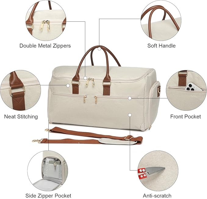 seyfocnia Carry On Garment Bag for Women, Convertible Travel Garment Bag, 2 in 1 Hanging Suitcase Suit Business Travel Bag Overnight Bag, White Brown