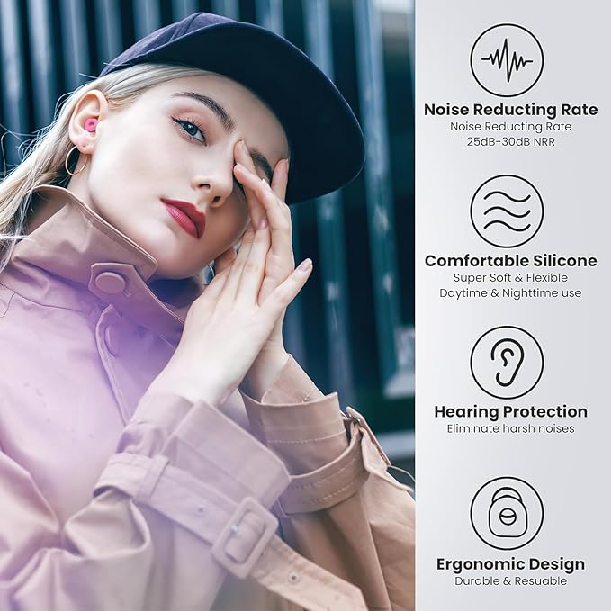 2 Pairs of Earplugs for Sleeping,Reusable Hearing Protection Ear Plugs with 8 Pairs Ear Tips & One Connector Cord,Soft Earplugs for Noise Reduction,Concert,Musician & Work - 25dB-30dB