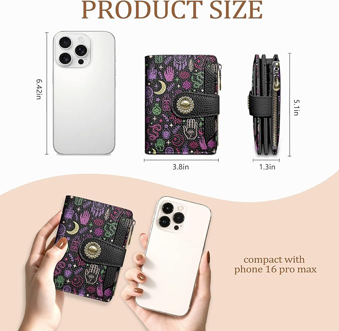Icycay Goth Gothic Small Wallet Women RFID Blocking Bifold, Credit Card Holder, Zipper Coin Pocket, PU Leather, Magic Witchy, Compact, Travel, 4 ID Window, 14 Card Slots, Cash Purse, Ladies Woman