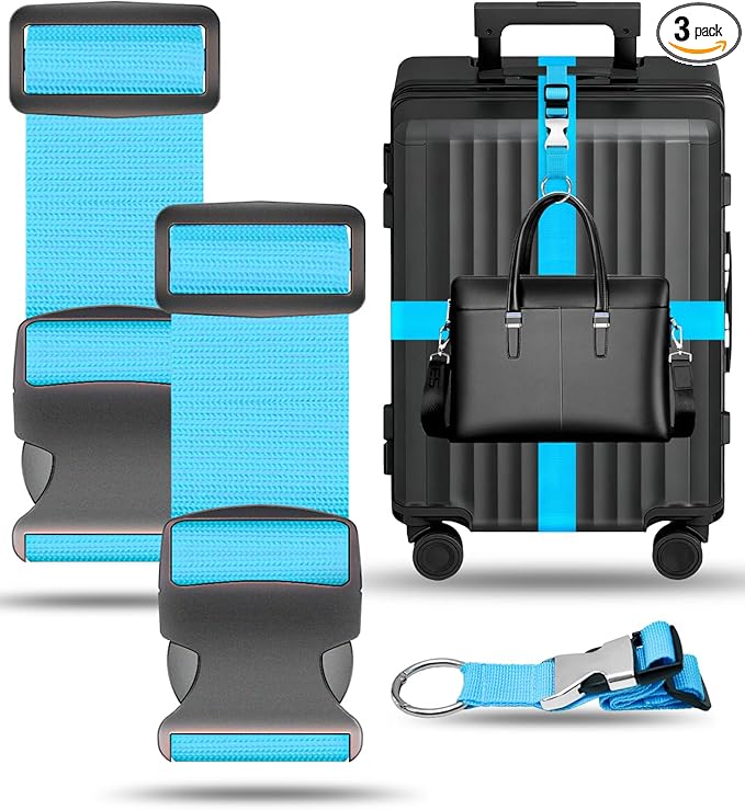 BILIONE 3Pcs Luggage Straps Set - 2 Suitcase Straps 70'' Long and 1 Add A Bag Strap, Adjustable Luggage Identifiers Nylon Travel Belt