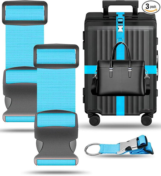 BILIONE 3Pcs Luggage Straps Set - 2 Suitcase Straps 70'' Long and 1 Add A Bag Strap, Adjustable Luggage Identifiers Nylon Travel Belt