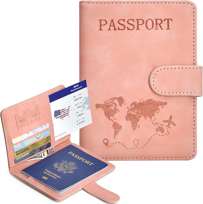 Passport Holder, Passport Cover with Credit Card Slot and Boarding Pass Slot Combo, Passport Wallet Case Book Travel Must Have, RFID Blocking Leather Travel Accessories, Pink