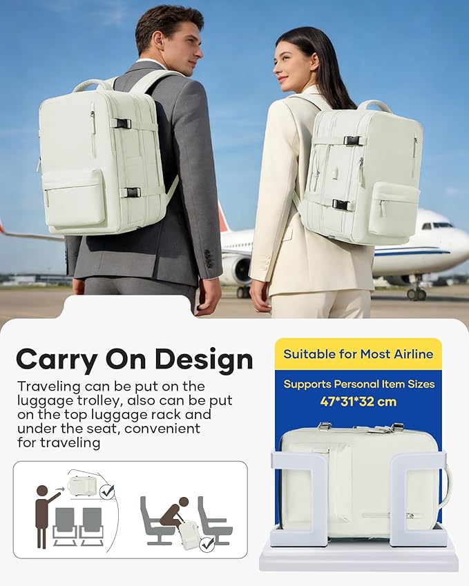 VECAVE Vacuum Backpack Travel with Pump, Expandable Personal Item Carry on Backpacks for Women Men, Laptop Waterproof Work Compression bags with USB Casual Daypack White