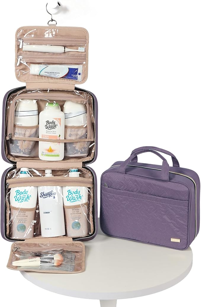 NISHEL Travel Toiletry Bag for women, Portable Hanging Organizer for Family-Sized Shampoo, Conditioner, Brushes Set, Makeup Accessories, Extra Large Size, Purple