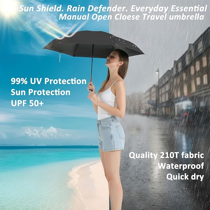 BAODINI Travel Essentials Mini Umbrella for Purse With Case Small Compact UV Sun Protection Lightweight Tiny Pocket Manual Open Close Umbrella for Women Kids and Men Fits Purse Backpack