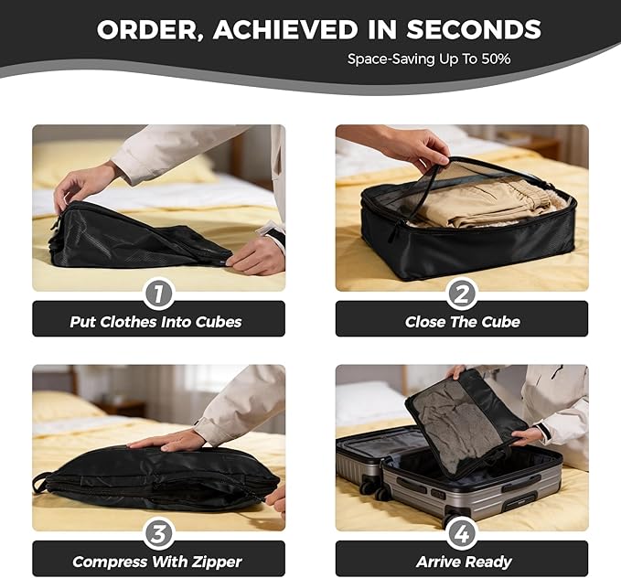 8-Piece Compression Packing Cubes for Travel, Ultralight Sleek Luggage Organizer Set for Business Trips & Frequent Travelers, Space Saving for Carry-On & Suitcase - Black