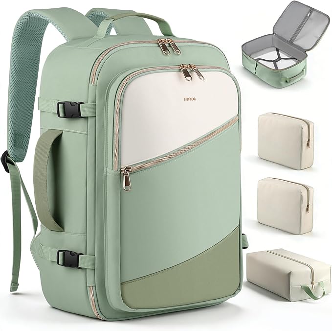 HOTOR Travel Backpack for Women – TSA-Friendly Travel Bag with Multiple Compartments & 3 Packing Cubes, Water-Resistant & Comfortable, Perfect for Travel Essentials, Green, 17.3" x 13.0" x 7.9"