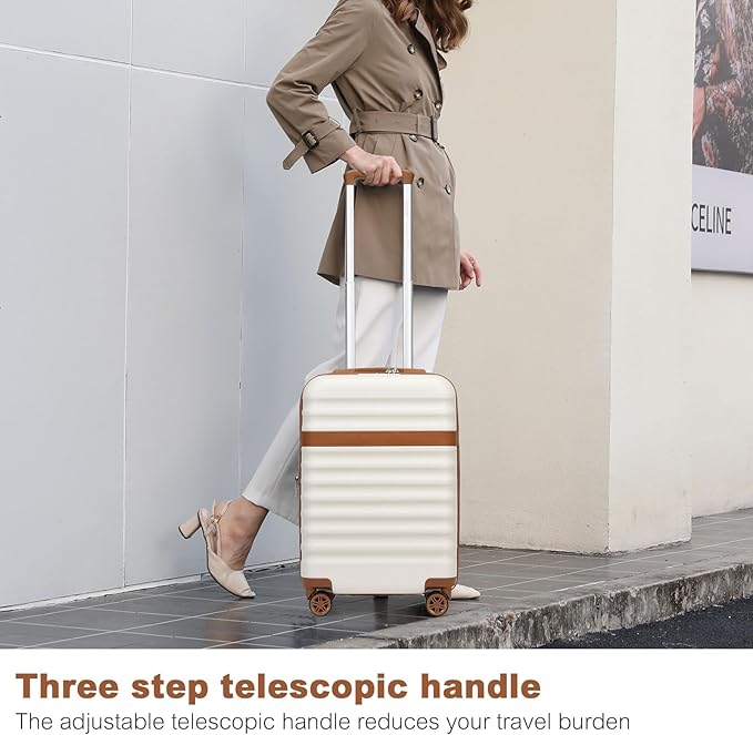 Kono Airline Approved Suitcase Set 3 Piece Luggage Set Lightweight Carry On Travel Luggage, TSA Lock Spinner Wheels Hardshell (Cream/Brown, 3 piece set (BP/TB/20))