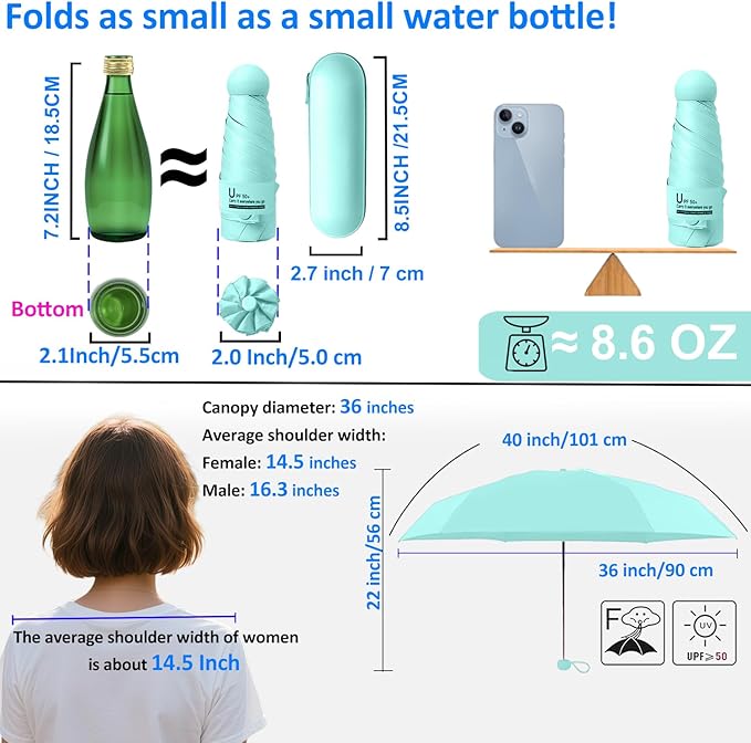 BAODINI Travel Essentials Mini Umbrella for Purse With Case Small Compact UV Sun Protection Lightweight Tiny Pocket Manual Open Close Umbrella for Women Kids and Men Fits Purse Backpack