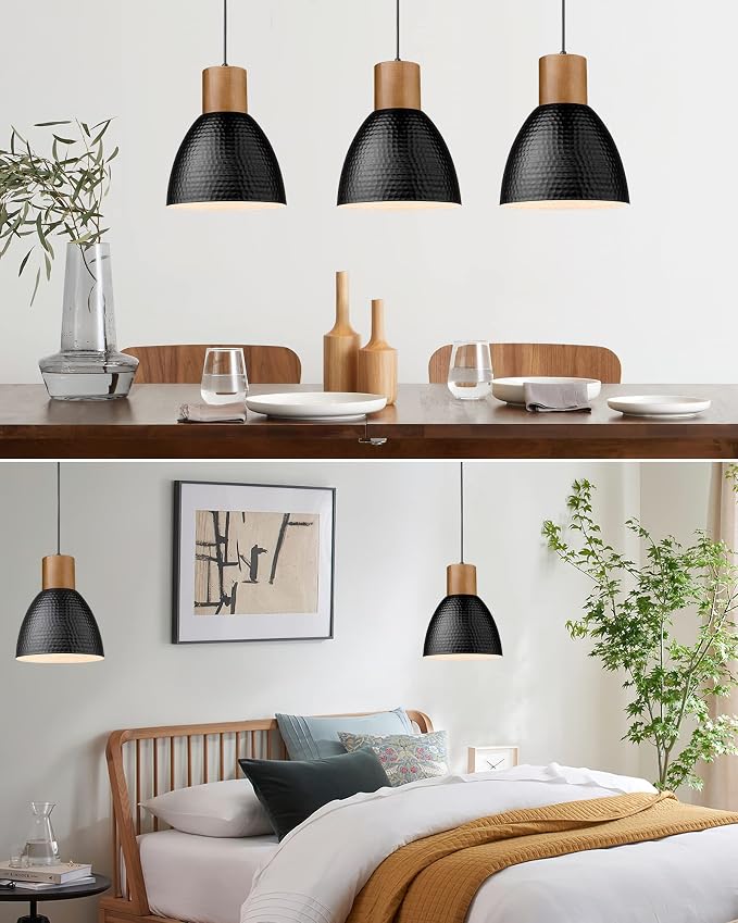 ELYONA Industrial Hammered Pendant Light 7” Small Solid Wood Hanging Lamp with Hammered Metal Shade, Farmhouse Pendant Light Fixtures for Kitchen Island, Dining Room, Bedroom, Office, Modern Black
