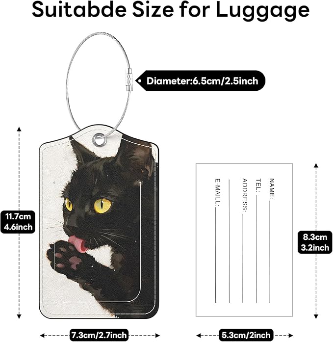 2 Pack PU Leather Luggage Tags for Suitcases, Privacy Protection Cover with Stainless Steel Loop and Address Card, Travel Cruise Essentials (Black Cat)