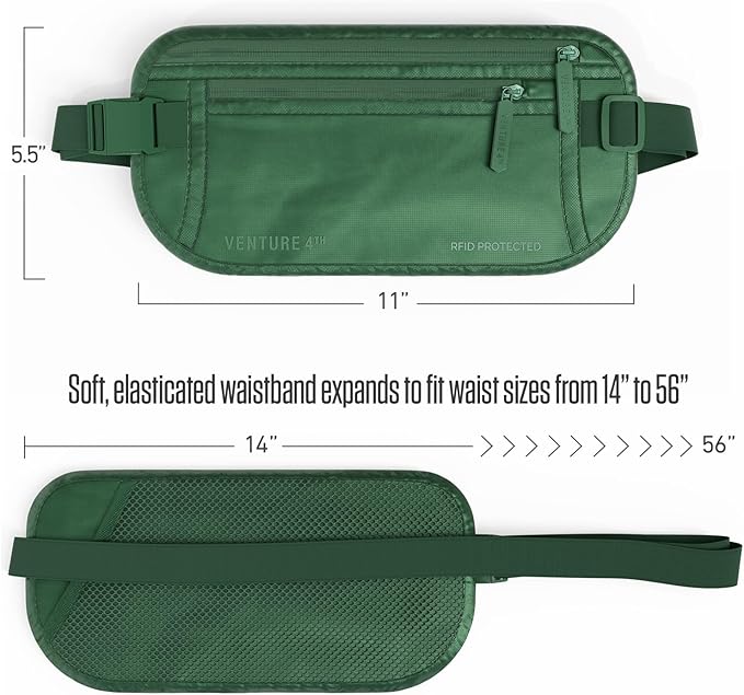 VENTURE 4TH Money Belt for Travel – Hidden Under-Clothes RFID Blocking Passport Holder & Slim Travel Wallet Pouch for Men & Women to Protect Cash, Cards & Documents (Sleek Army Green)