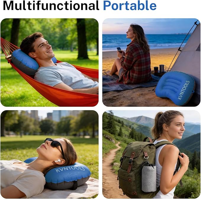Camping Pillow-Compressible, Ultralight Inflatable,Compact, Comfortable, Ergonomic Inflating Pillows for Neck & Lumbar Support While Camp, Hiking(Navy Blue,with Anti Slip Straps)
