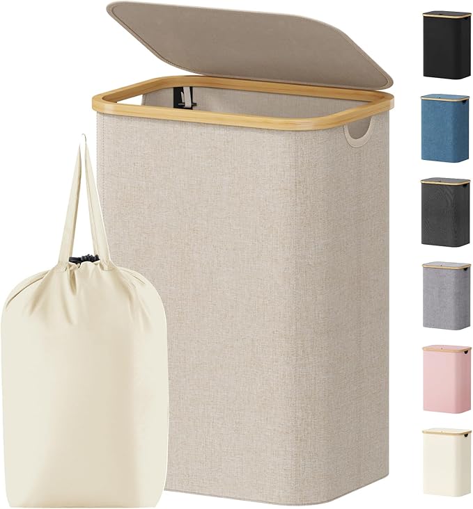 Lifewit 80L Laundry Basket with Lid, Clothes Hampers for Laundry with Bamboo Handles and 1 Removable Bag, Large Foldable Laundry Hamper for Bedroom, Bathroom, Dorm, Laundry Room, Beige