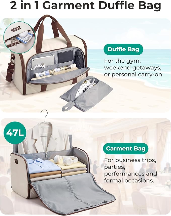 BAGSMART Garment Bag Duffle Bag for Travel Convertible 2 in 1 Suit Bag for Hanging Clothes Carry on Travel Bag with Shoes Bag,Shoulder Strap Weekender for Dresses, Coats, Shirts (White)